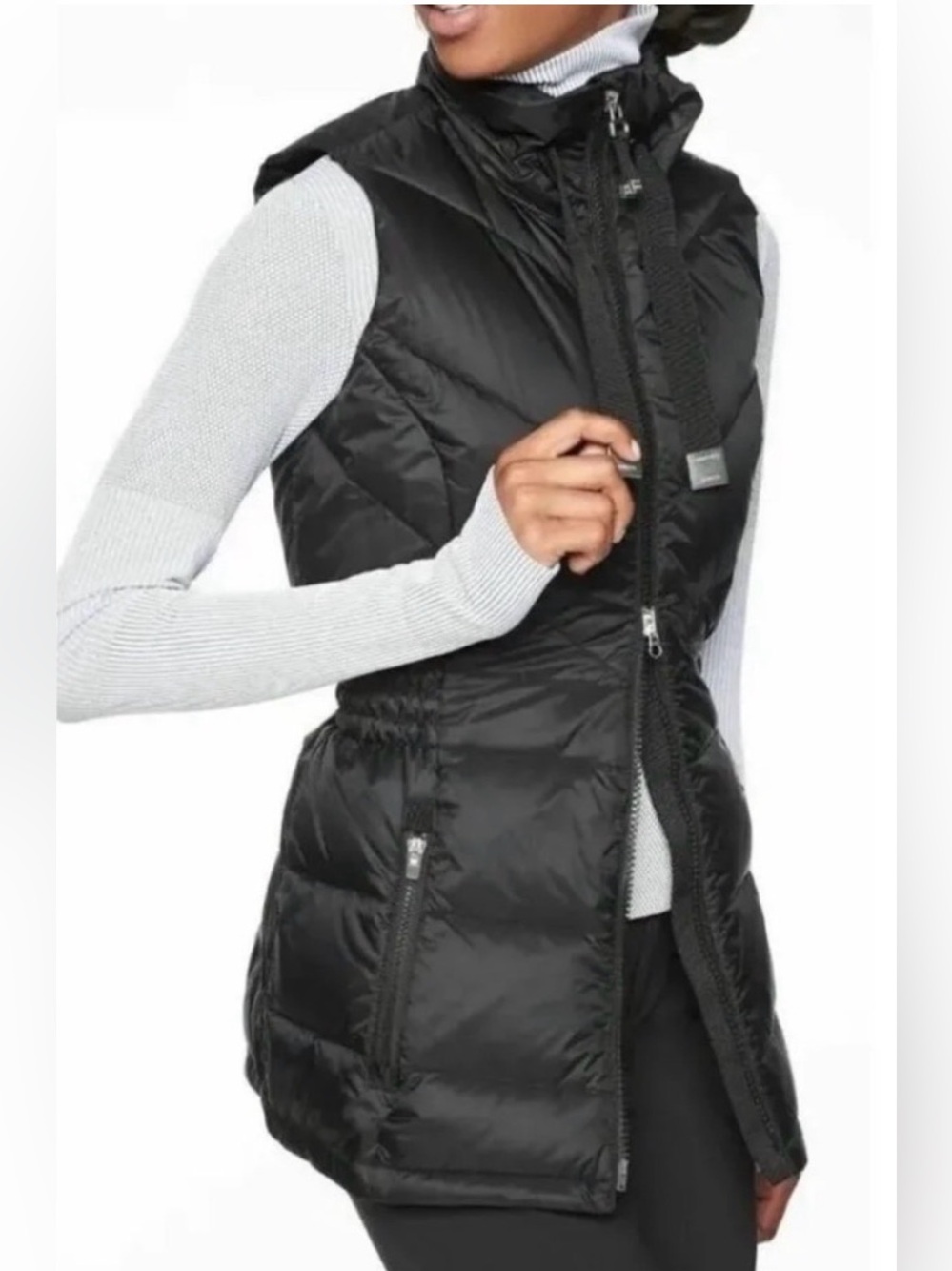 Athleta Black Goose Down Quilted Vest Cinch Waist High Neck Small
